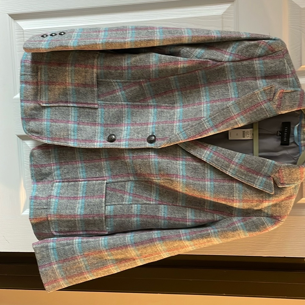 NWT Talbots wool blazer  grey and pink large plaid